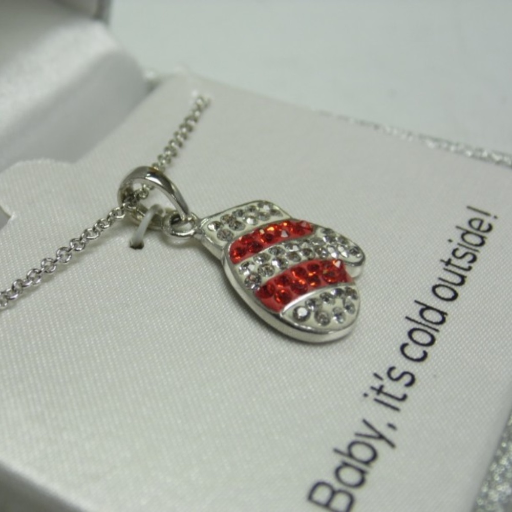 Silver Plated Crystal Mitten Necklace - 18" Long